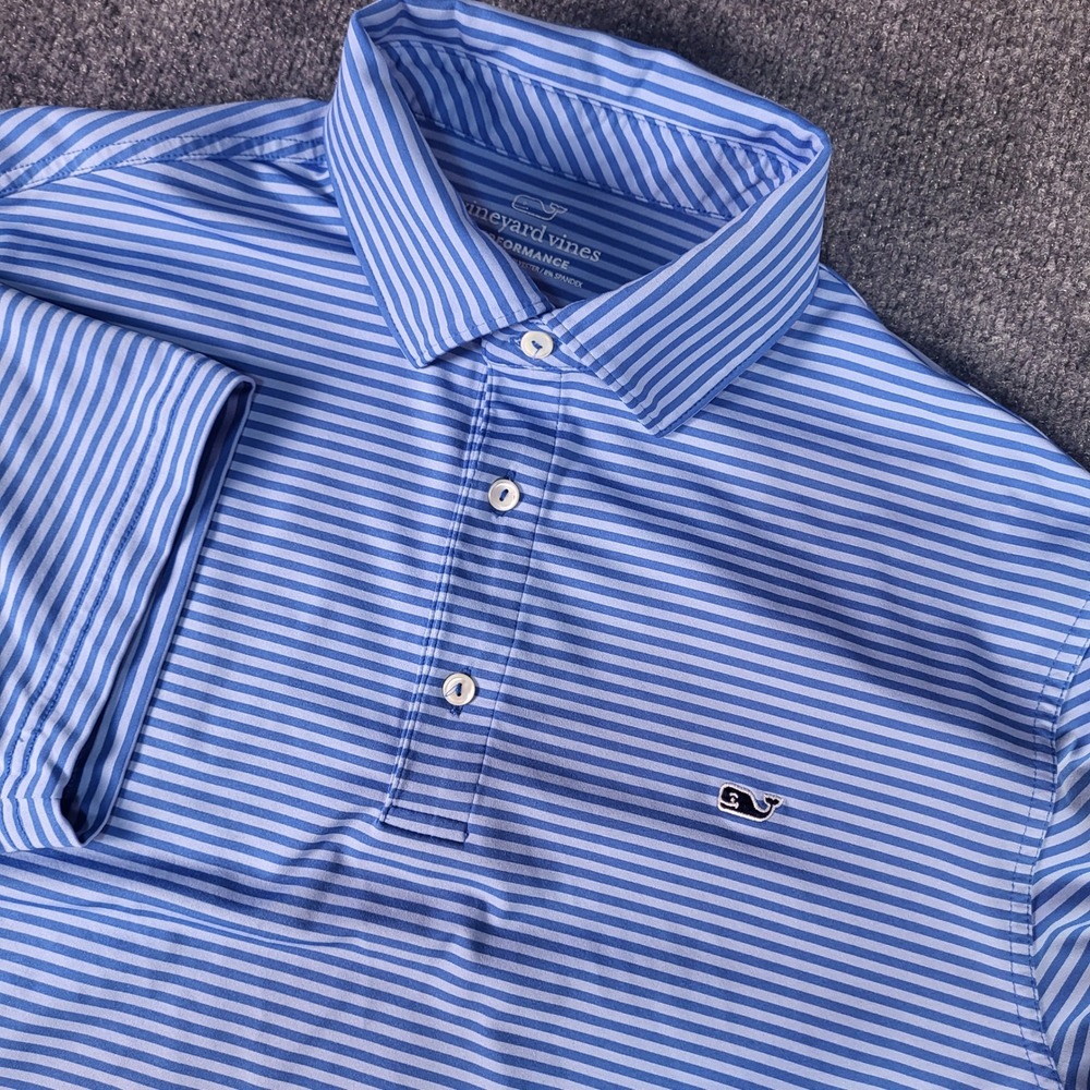 Vineyard Vines Performance Mens Large Blue Striped Short Sleeve Polo Shirt
